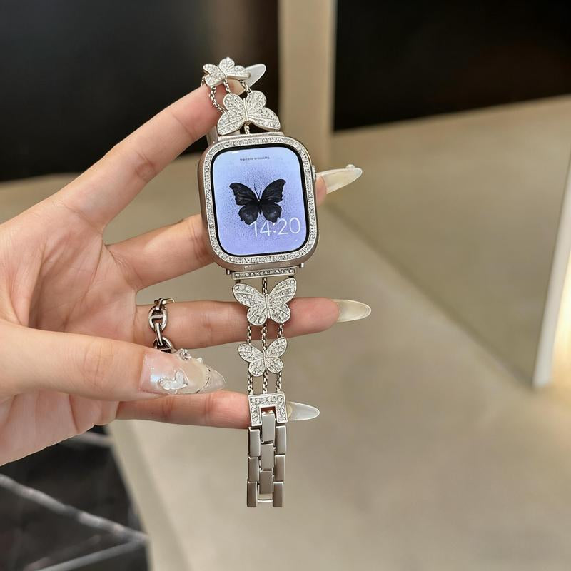 Butterfly Diamond Chain Watch Band, Deluxe Metal Link Bracelet Strap Adjustable 12.5-21Cm Wrist, Fashion Elegant Accessory for 38/40/41Mm Smartwatch