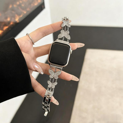 Butterfly Diamond Chain Watch Band, Deluxe Metal Link Bracelet Strap Adjustable 12.5-21Cm Wrist, Fashion Elegant Accessory for 38/40/41Mm Smartwatch